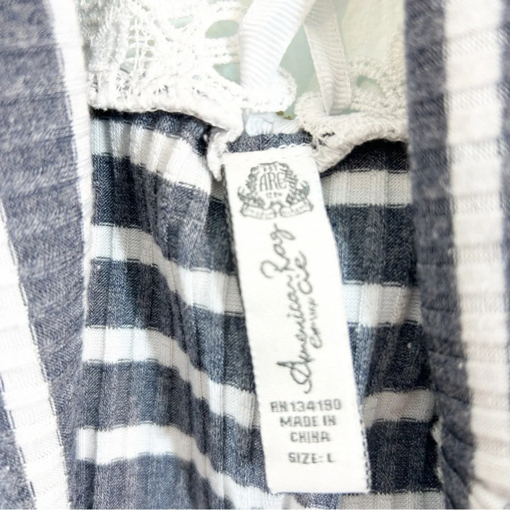 American Rag Cie Lace Up Tie Ribbed Blue White Stripe Long Sleeve Stretch Top L